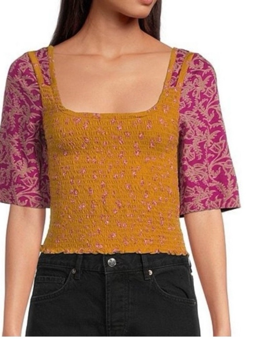 Free People Marigold Square Neck Contrast Short Sleeve Floral Smocked Top SMALL